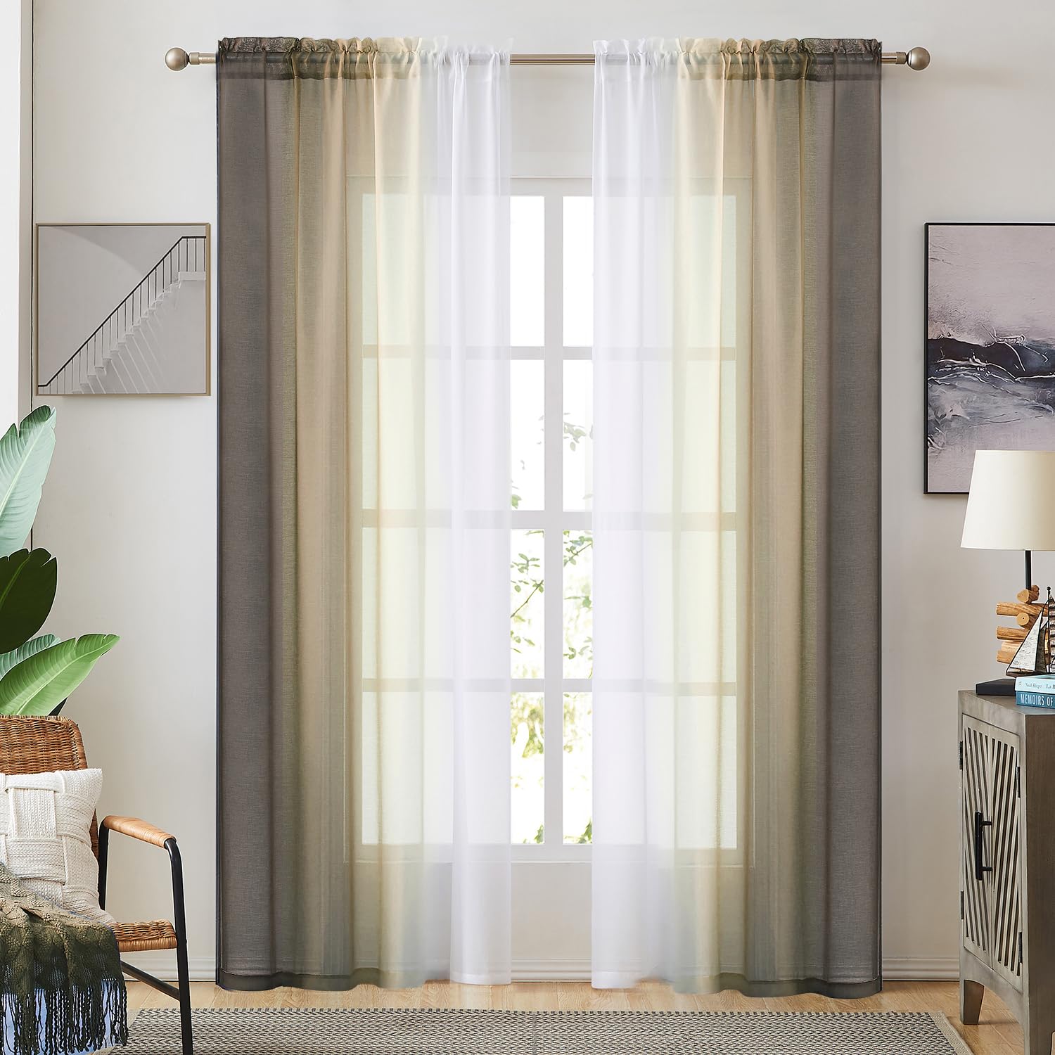 Ombre Faux Linen Sheer Curtains for Bedroom Living Room Rod Pocket, Privacy and Light Filtering, 2 Tone Reversible Gradient Voile Semi Window Curtains, Set of 2 Panels, Brown, 54 x 72 Inch Length โ image 1
