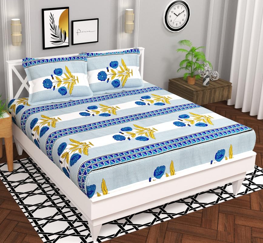 BSB HOME Microfiber 144 TC Aspire 2.O Collections Soft Breathable Wrinklefree Floral Printed Double Bedsheets with 2 Regular Size Pillow Covers, Color White & Blue Rose