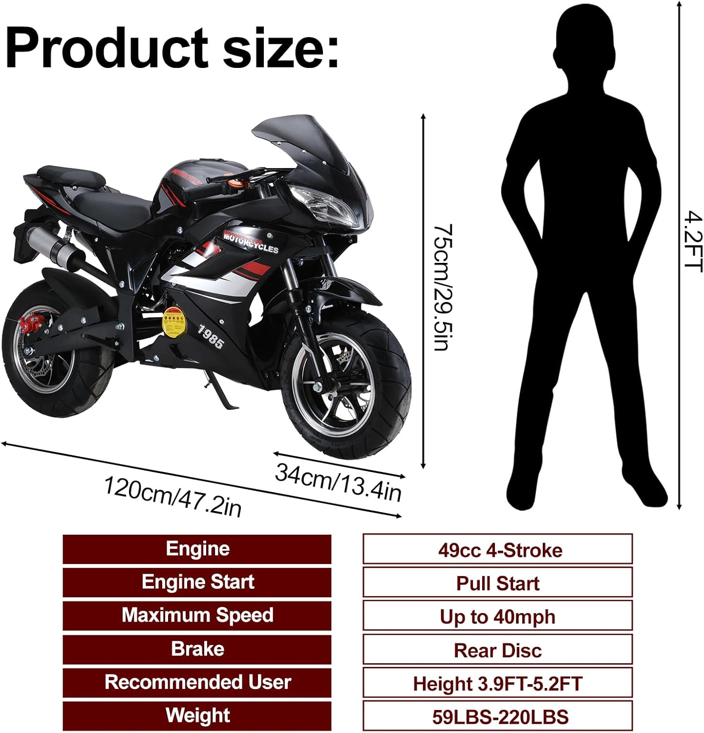 49CC Mini Motorcycle for Adults Kids | 4-Stroke Engine Gas Pocket Mini Dirt Bike | Gas Pocket Motorbike | with Front Rear Disc Brakes | Dual Headlights | 8 Inch Wheels | Miniature Kid Dirt Bike