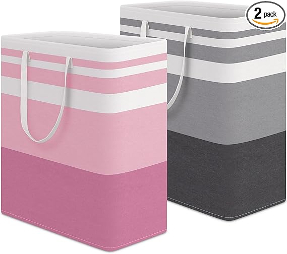 HomeHacks 2 Pack Large Laundry Baskets, Waterproof, Freestanding Laundry Hampers, Collapsible Clothes Hamper with Reinforced Handles in Laundry, College Dorm, Bathroom, Bedroom (Grey+Pink, 100Lx2)