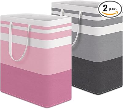 HomeHacks 2 Pack Large Laundry Baskets, Waterproof, Freestanding Laundry Hampers, Collapsible Clothes Hamper with Reinforced Handles in Laundry, College Dorm, Bathroom, Bedroom (Grey+Pink, 100Lx2)