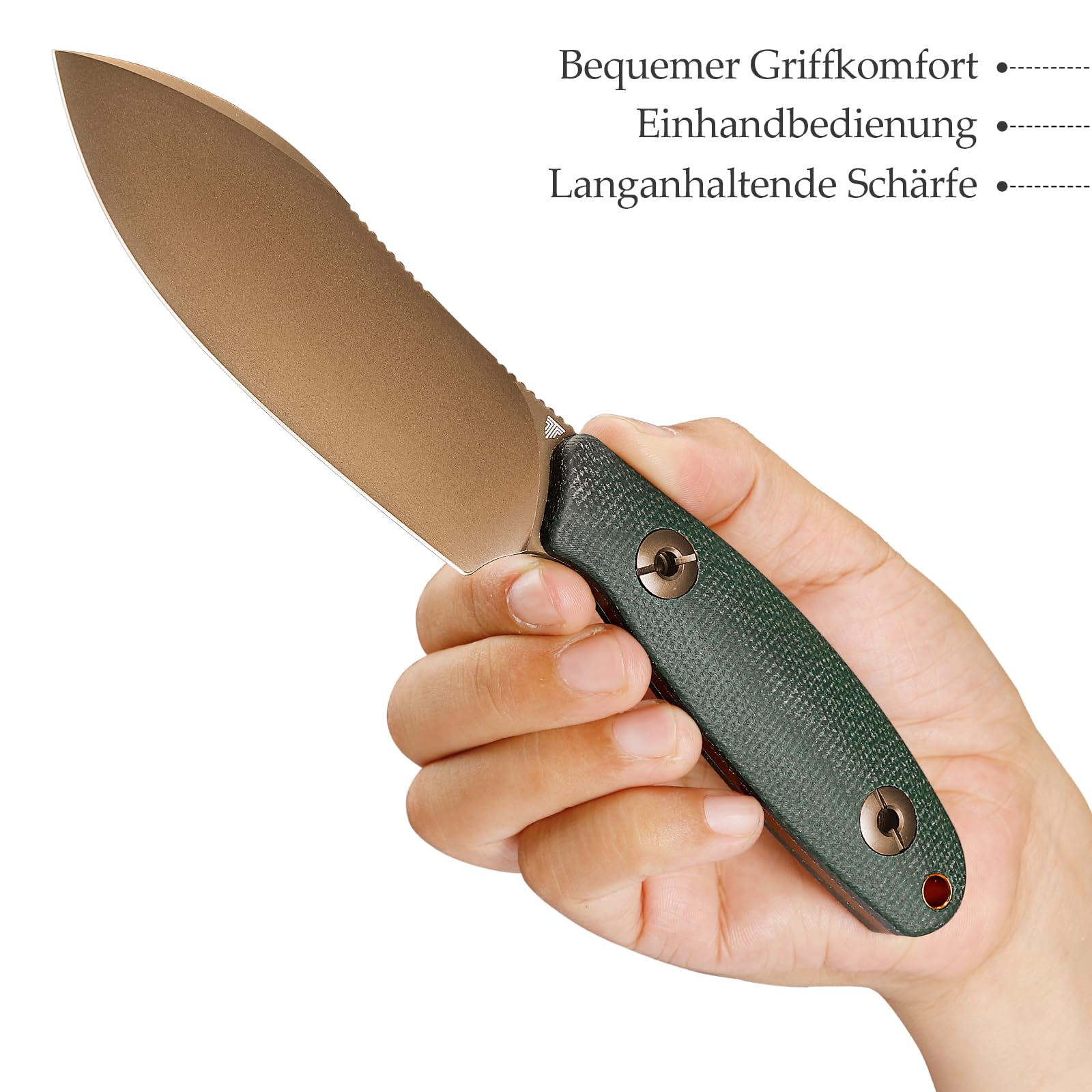 TRIVISA Aubergine Outdoor-Messer, Feststehende Vollerl-Klinge mit Kydex-Scheide, 9,8 cm 14C28N-Stahlklinge Jagdmesser, Grüner Micarta-Griff, Outdoor-Messer für Camping (Grün)