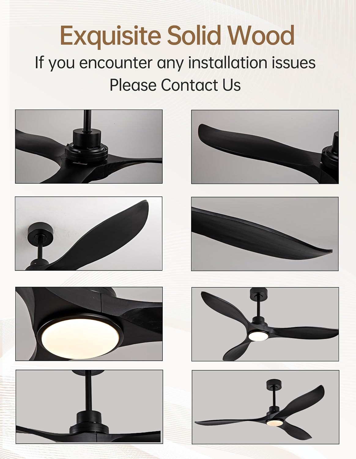 60" Solid Wood Ceiling Fans with Lights and Remote, 3 Blade Black Ceiling Fans with Wall Control, 6 Speed, Dimmable, Quiet DC Motor for Outdoor Bedroom Living Room