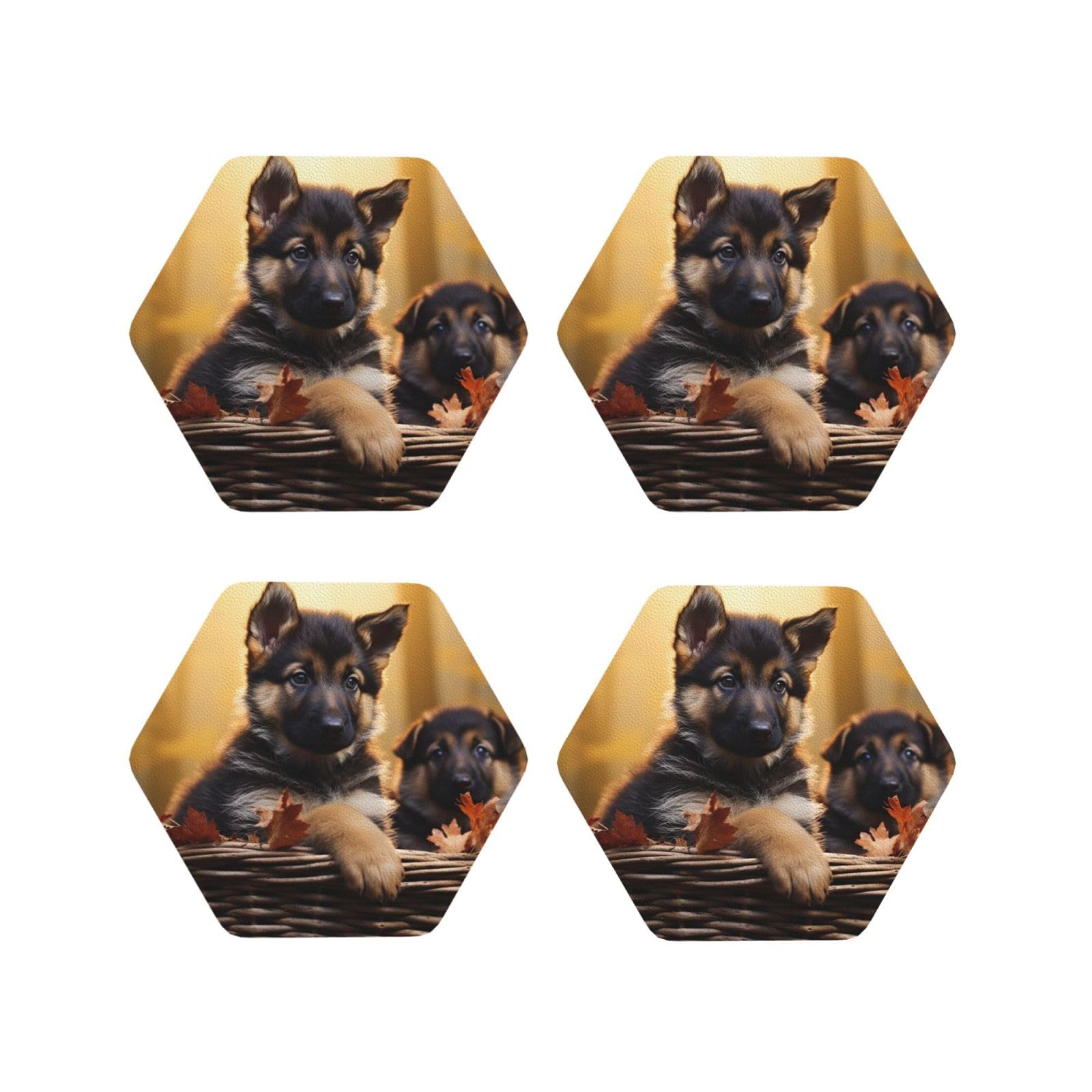 4Pcs PU Leather Coaster for Drinks, Little German Shepherd Dog Cup Coastersr 4" Cup Mat Pad, Aesthetic Drink Coasters for Coffee Table, Hexagon Coaster for Tabletop Protection