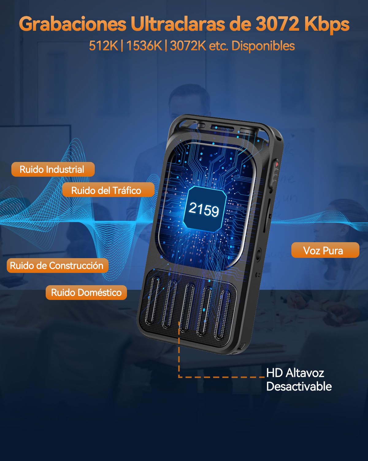 Grabadora de Voz con Pantalla 2" y Bluetooth, XIXITPY 3072Kbps Grabadora Digital con 100H Batería, Reducción de Ruido, Reproductor MP3, Activación por Voz para Clases, Reuniones, Entrevistas