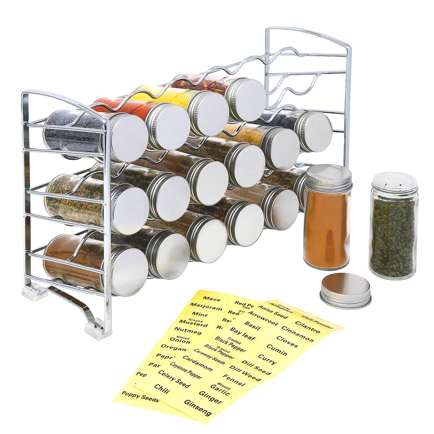 Amtido-Rack avec 18 flacons à épices, 48 étiquettes à épices, chrome
