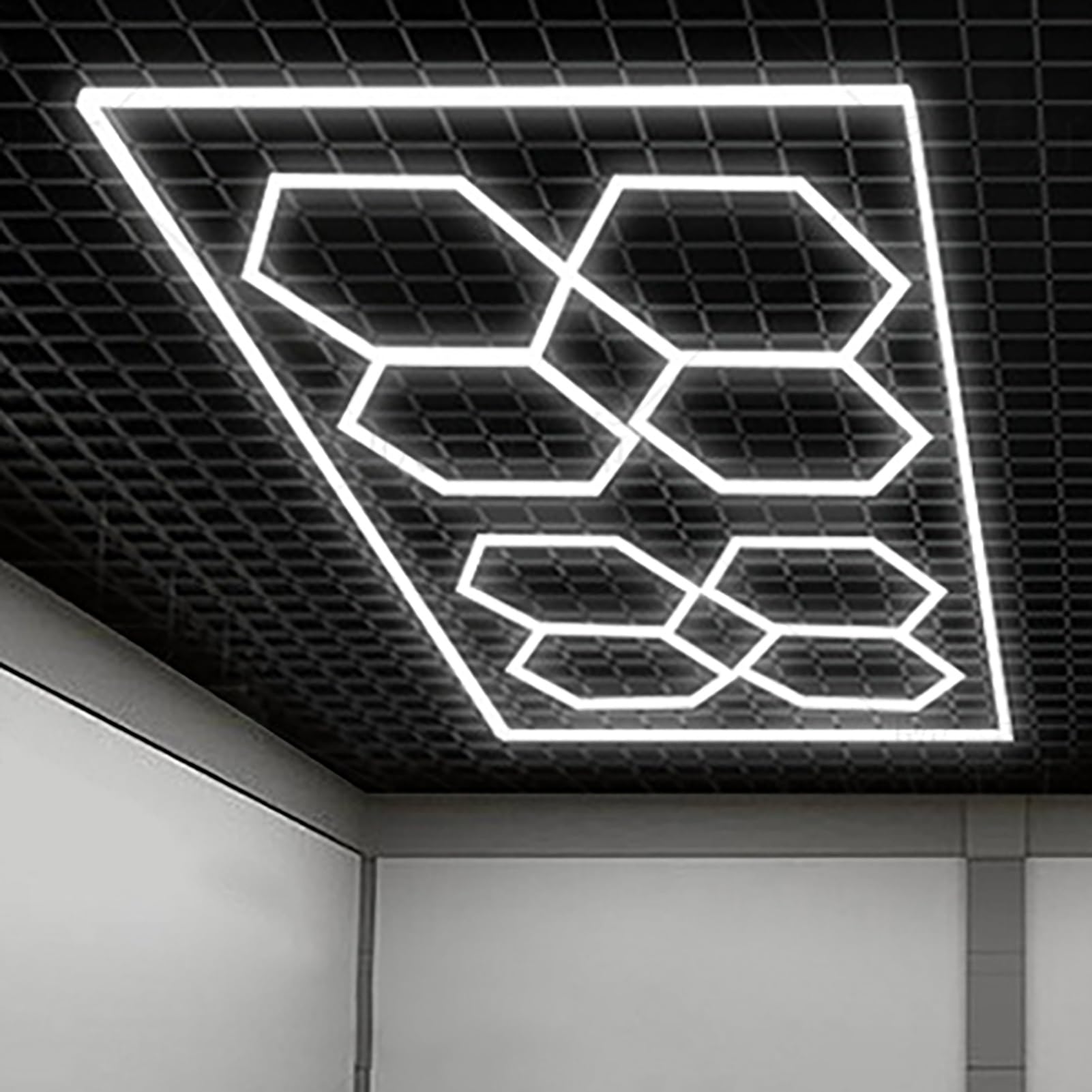 Plafonnier LED hexagonal modulaire 6500K blanc froid pour garage et atelier