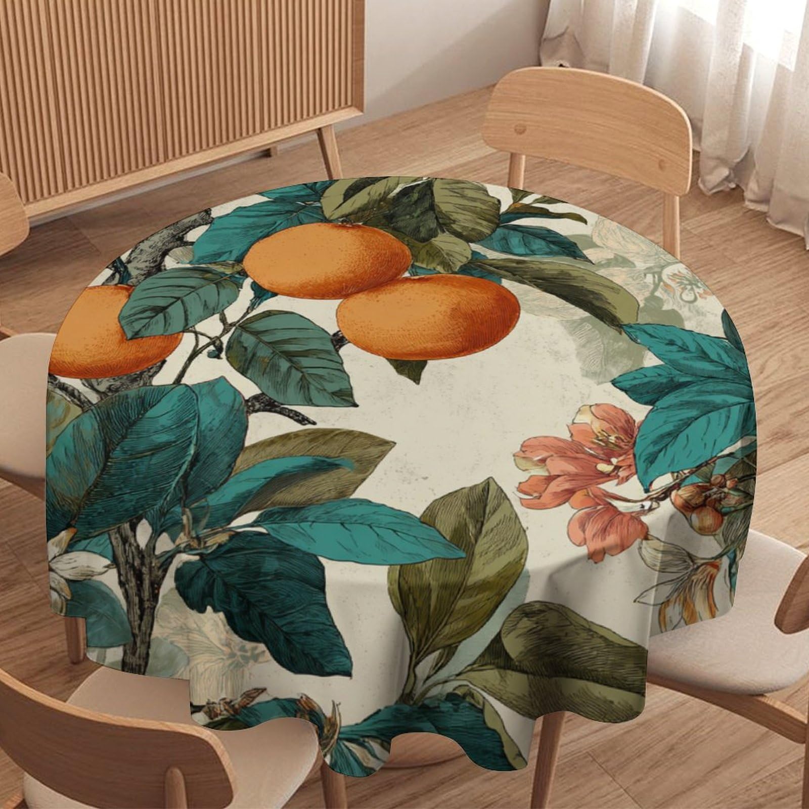LUYYSKY Classic Rustic Fruit Oranges Round Tablecloth Retro Watercolor William Morris Botanical Floral Oranges Pattern Washable Decor for Table Cover for Kitchen-177.8" Wx177.8 L cm
