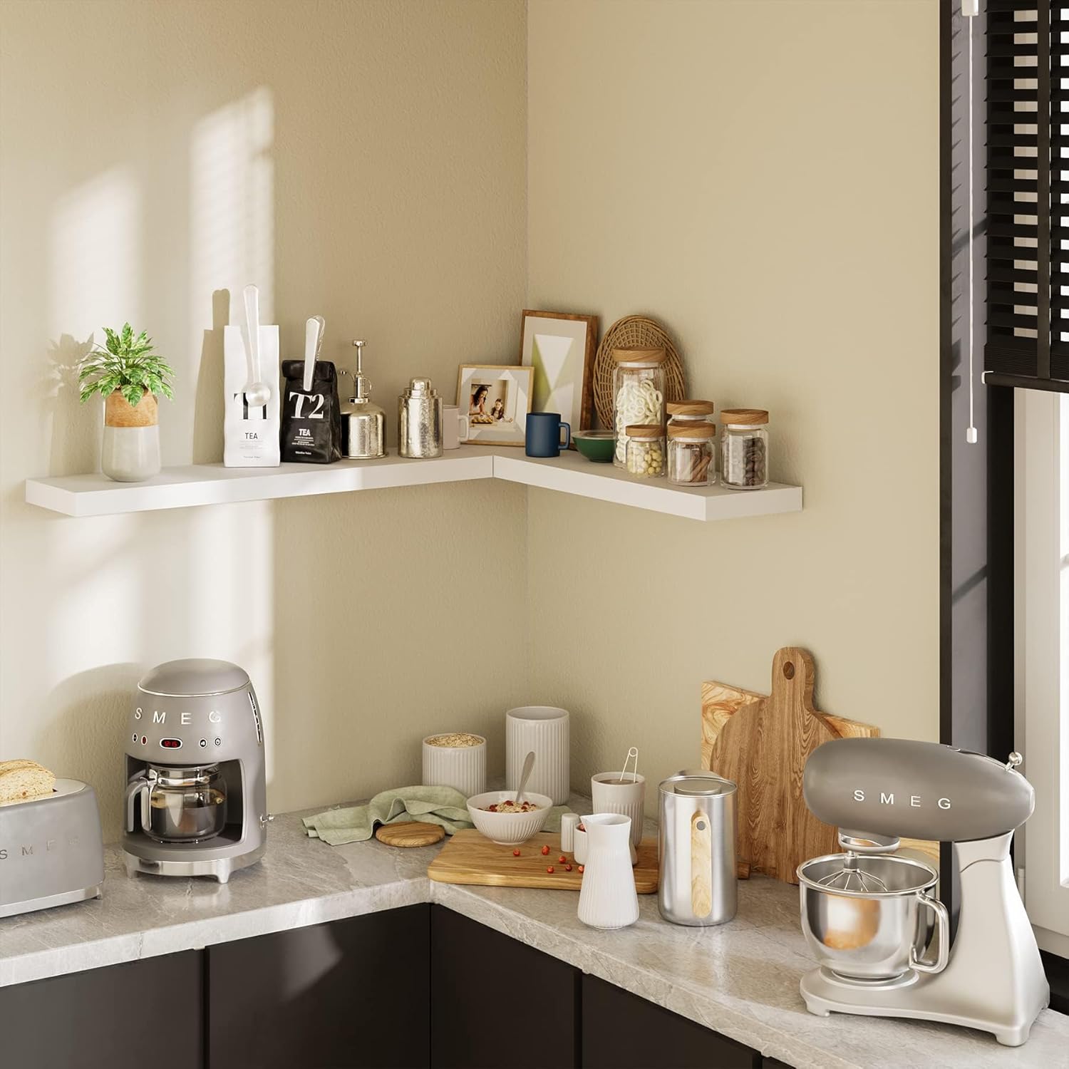 White floating shelves installed in a kitchen corner, holding various kitchen items and decor