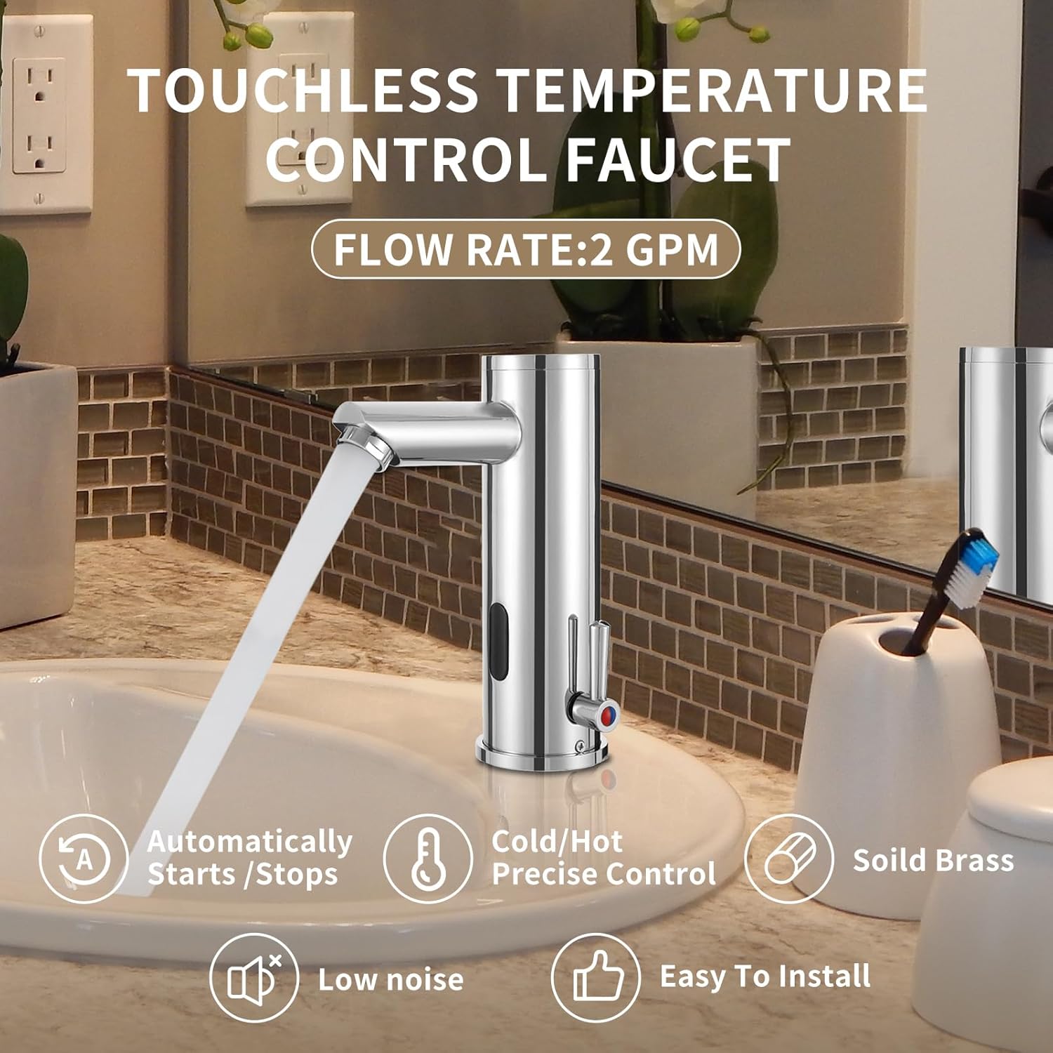 Automatic Touchless Bathroom Sink Faucet Motion Activated Sensor Hands Free Auto Off 1 Hole Commercial Infrared Brass Basin Faucets Adjustable Cold Hot Single Handle Water Mixer（Chrome）