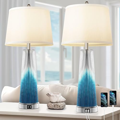 Juego de 2 lámparas de mesa de 28 pulgadas, modernas lámparas de noche de cristal verde azulado con puertos de carga USB duales, pantalla de seda,