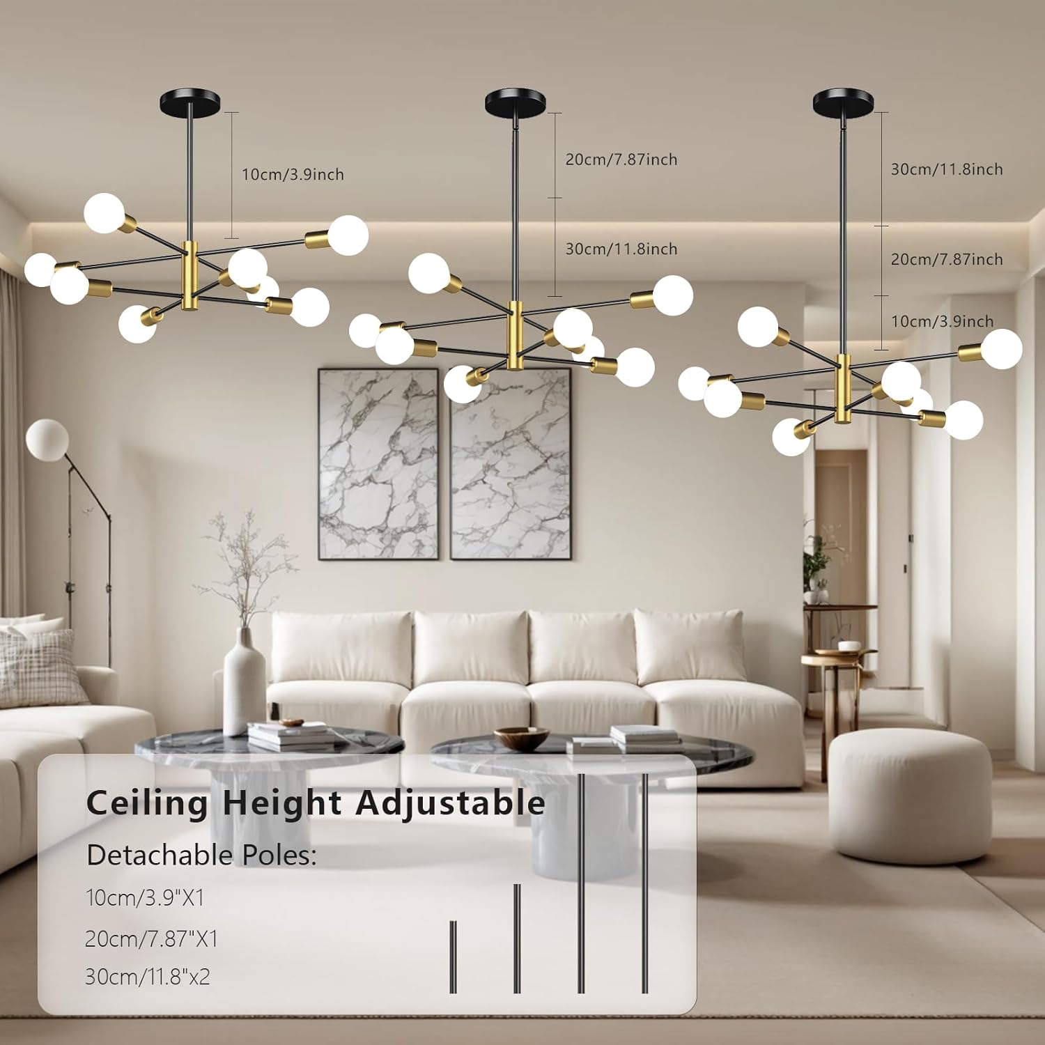 Modern Sputnik Chandelier, Ceiling Light Fixture Flush Mount 8-Light Black and Gold Chandeliers for Living Room Bedroom Dining Room Kitchen, Mid Century Chandeliers, E26 Base,(Bulbs Not Included)
