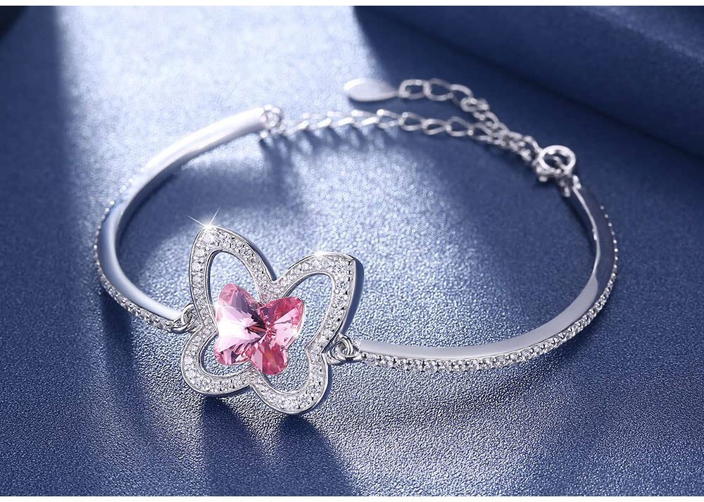 DAOMEI Cristal Real 925 Pulsera De Plata Mariposa Rosa Azul Pulseras Joyería Romántica para Mujeres Niñas Festival Aniversario Regalo