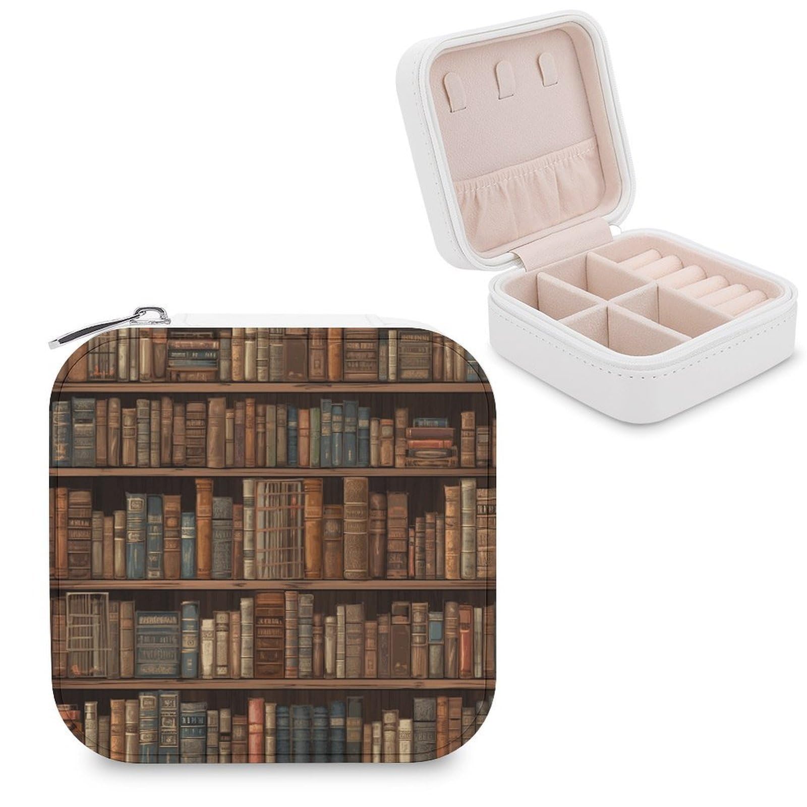 VstaDank Library Bookshelf Book Travel Jewelry Case Zipper Portable Small Jewelry Box Custom Pu Leather Mini Traveling Jewelry Organizer for Rings Earrings Necklace Bracelet Girls Women