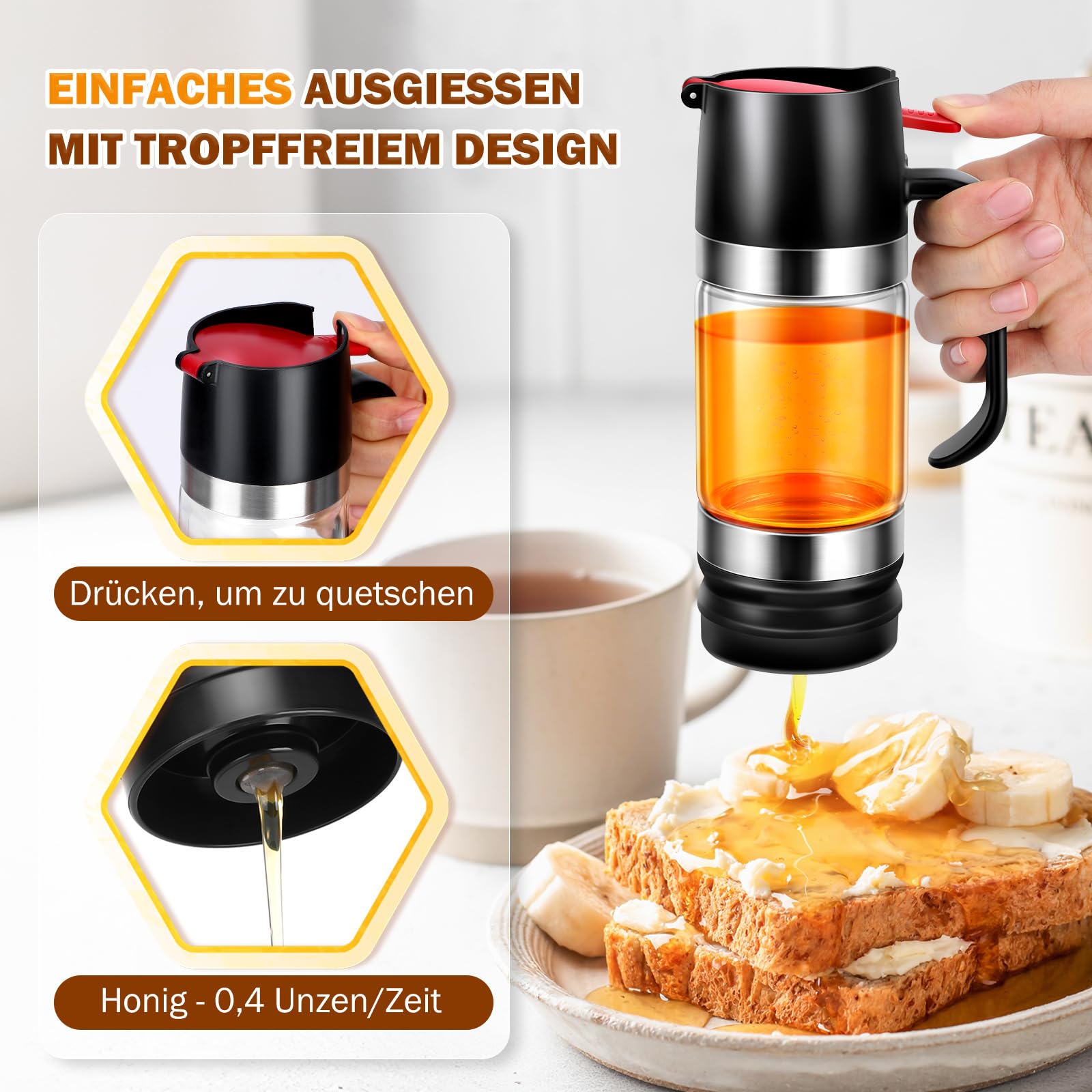 Honigspender Glas, 9 oz Tropfsicheres Honigglas mit Griff, Tropfsicherer Glas-Honigspender mit Halterung, Press-Typ Sirupspender, Haushaltsversiegeltes Glas, Sirupflasche, Marmeladenflasche (Schwarz)