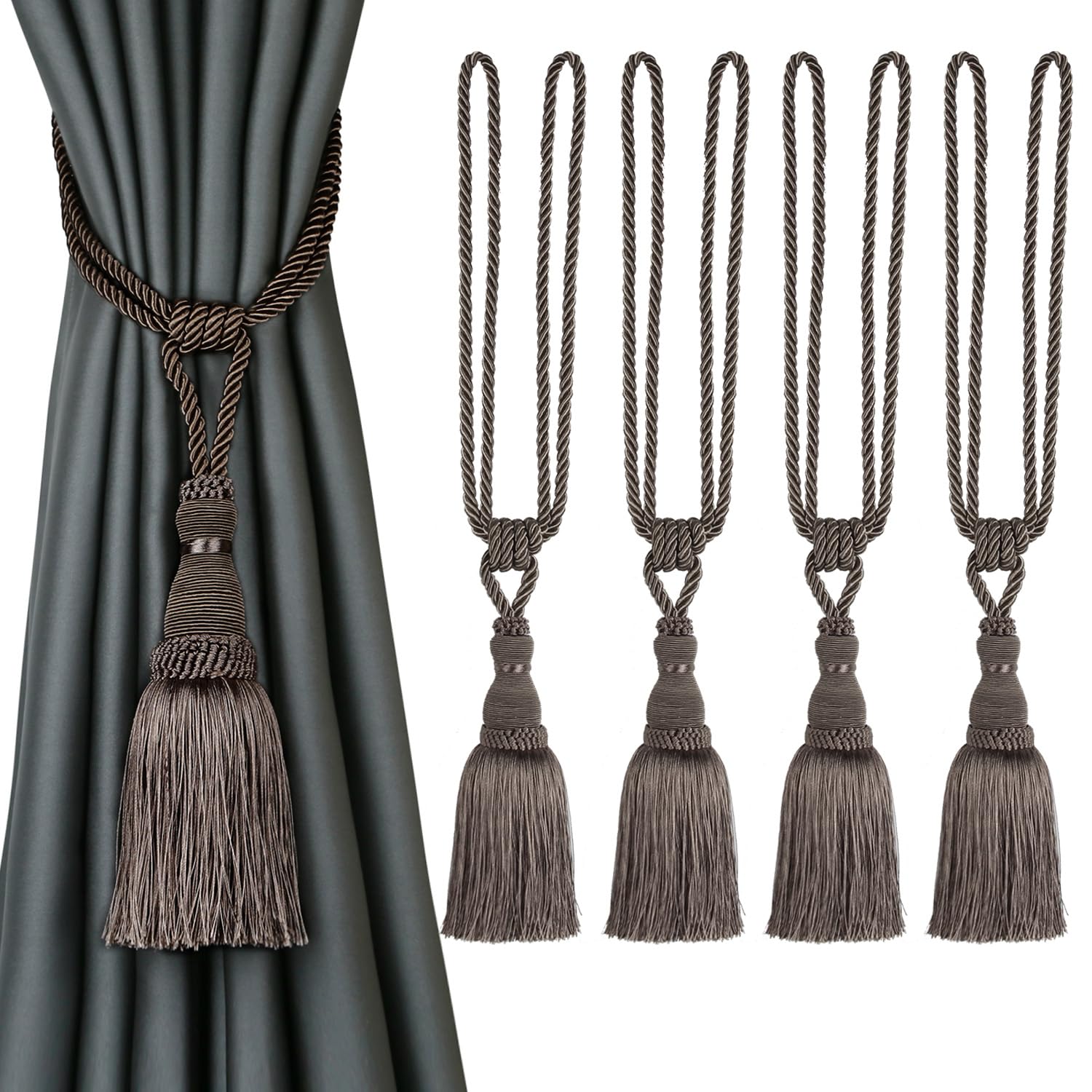 Tassel Curtain Tiebacks， Braided Rope Curtain Tiebacks With Tassels, Multicolor, 2/4 Pcs(Flaxen,4pcs)