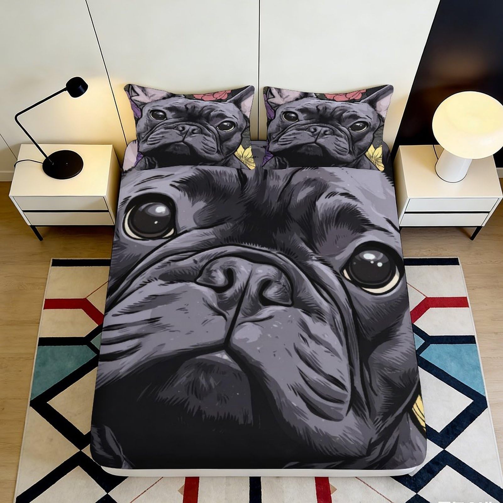3D Printed French Bulldog Fitted Sheet Microfiber Soft Breathable Dog Face Bed Cover for Bedroom Dormitory Guest Room Mattress Protection Decor 180x200x25cm