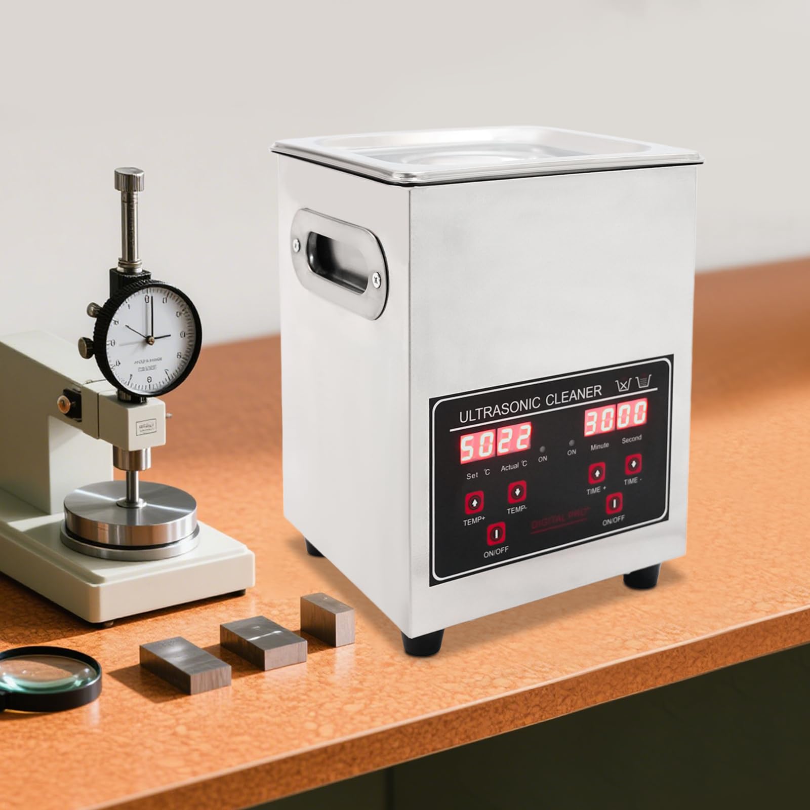 Pulitore a ultrasuoni, 40 kHz, 2 l, in acciaio inox, con riscaldamento e