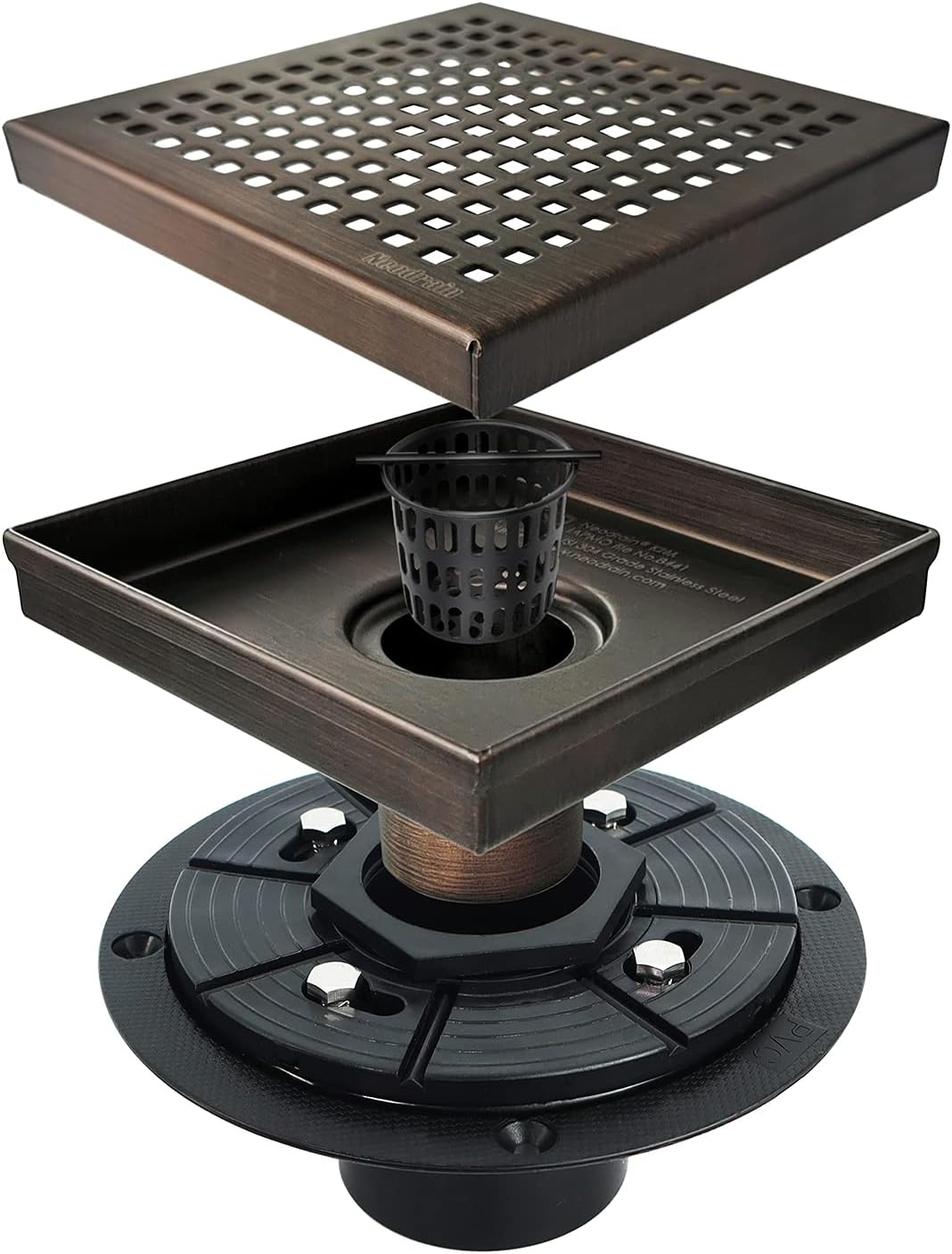 Neodrain 6 in Square Shower Drain, Oil Rubbed Bronze, Removable Quadrato Pattern Grate, with PVC Shower Drain Base and Rubber Gasket, Square Drainage. CUPC Certified, Includes Hair Strainer, ORB