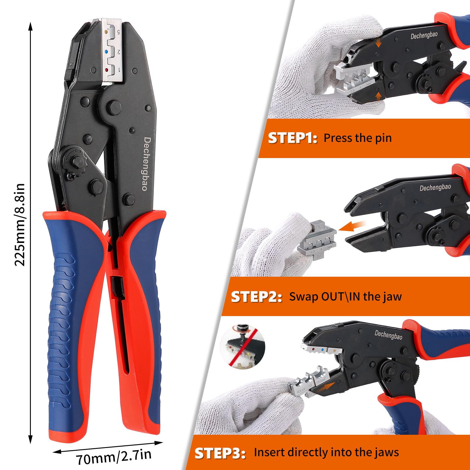 Set di utensili per crimpatura, pinza per cavi a cricchetto, crimpatrice per terminali elettrici con 6 teste per cambio rapido, termorestringente/isolato/nudo/puntali/crimpare a vanga