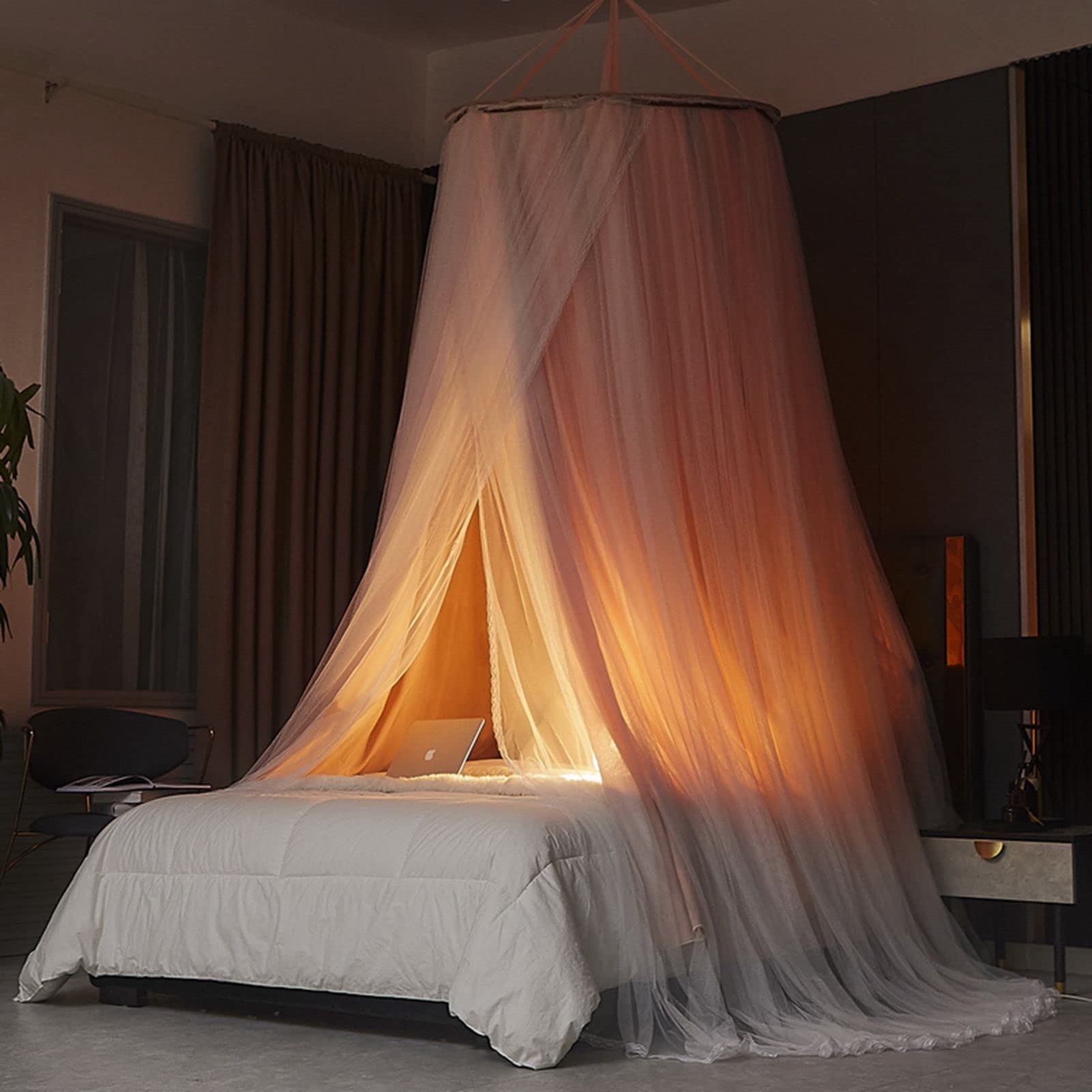 KLUFO Rideau de lit à baldaquin pour Filles et Adultes, Luxueux Rideaux de lit à Double Couche Auvents Filet, moustiquaire de rêve, Dentelle de Princesse à dôme Rond