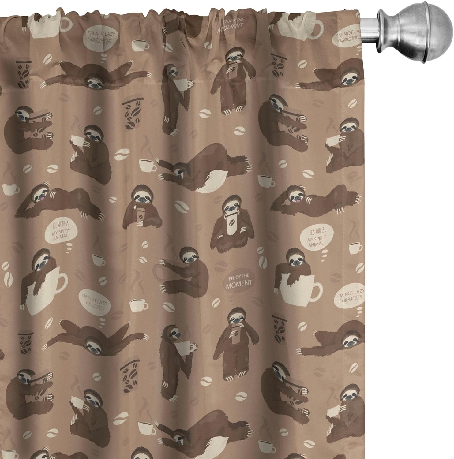 Ambesonne Funny Sloth Curtains, Whimsical Lazy Animal with Morning Coffee Poses Enjoy The Moment, Window Treatments 2 Panel Set for Living Room Bedroom, Pair of - 28" x 95", Umber Beige