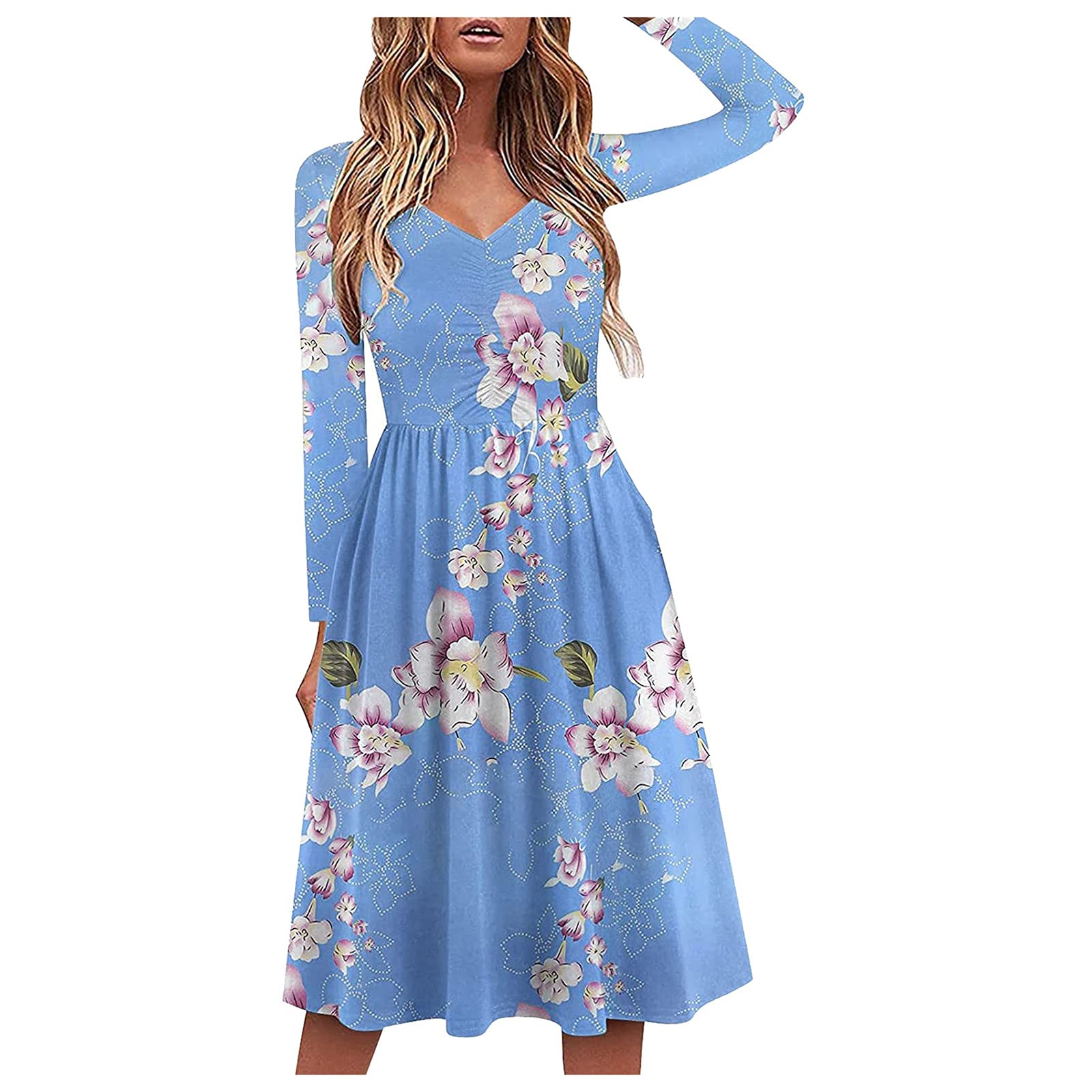 NBBD Women's Dress, Midi Skirt, Beach Dress, Floral Dress, Large Size, Bohemian Chic Dress, Long Sleeve Dress, Fashion 2021 Casual Knee Dress, Modern Printed Dress Belted