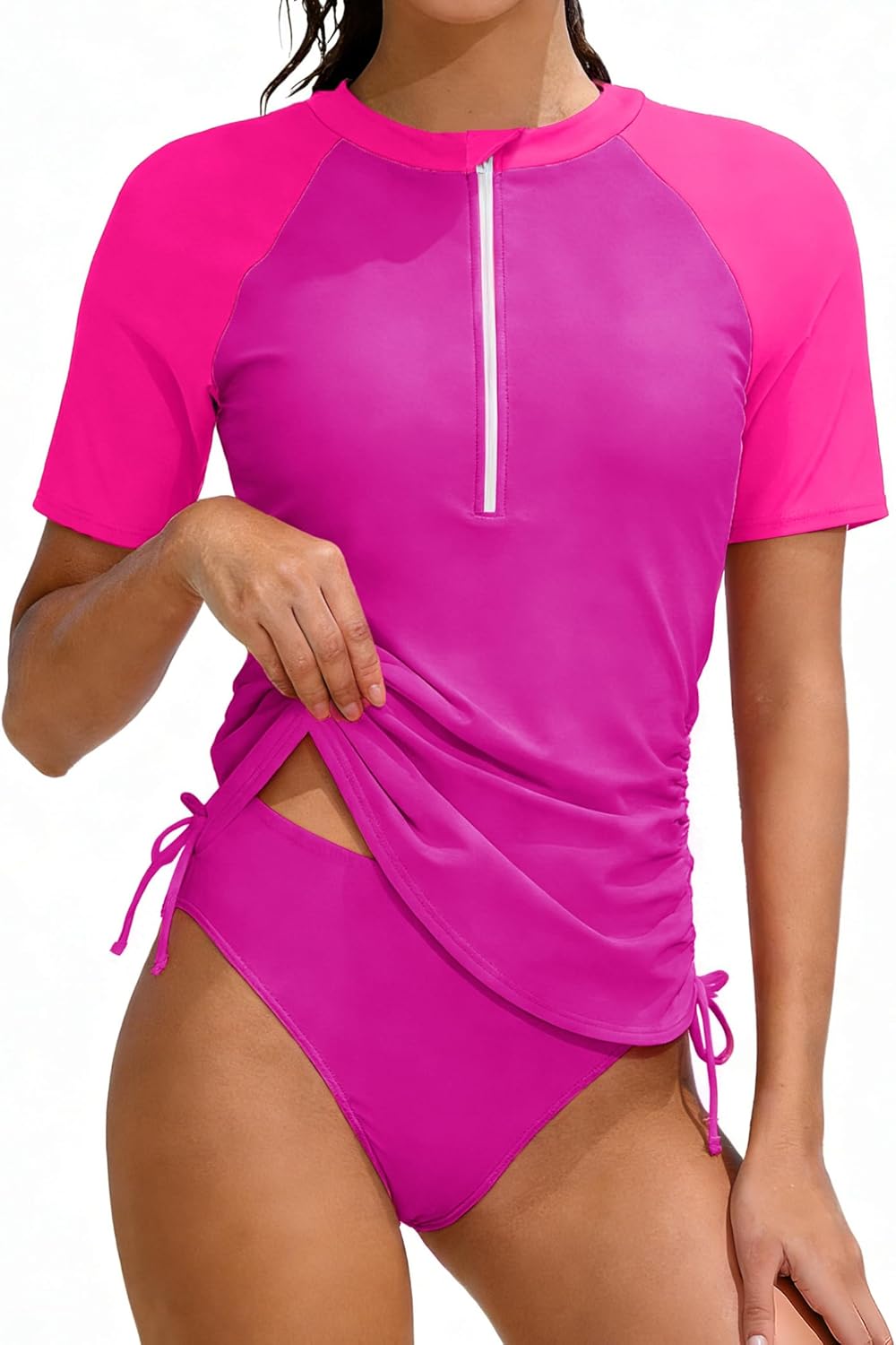 Girls Swimsuit 2PCS Color Block Short Sleeve Shirt with Bottoms Rash Guard Girls Bathing Suits Size 9-16Y