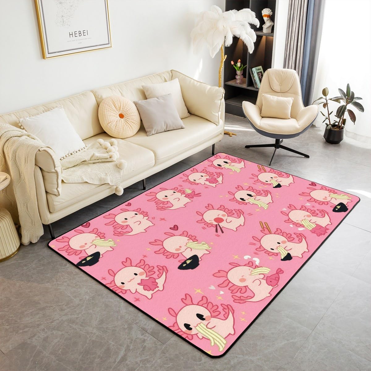 Loussiesd Lustige Axolotl Teppich 150x200cm Nette Axolotl Fisch Geschenke für Kinder Jungen Mädchen Modern Teppich Ultra weiche Axolotl gezogen Nudeln Muster Wohnzimmerteppich Küchenteppich