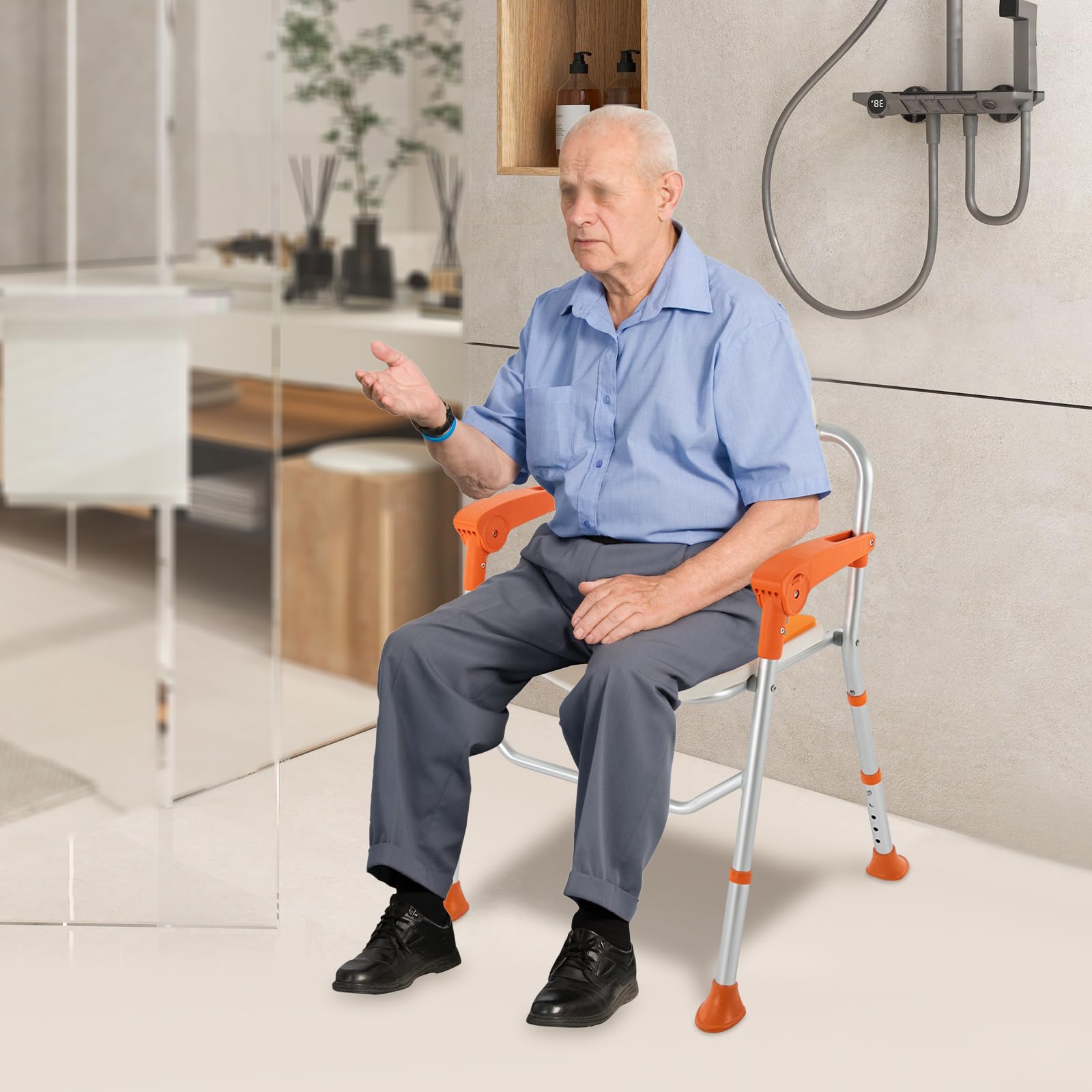 Silla de ducha con reposabrazos, asiento de ducha para personas mayores de hasta 150 kg, altura regulable (39-49 cm), silla de ducha con respaldo y reposabrazos, taburete de ducha para personas