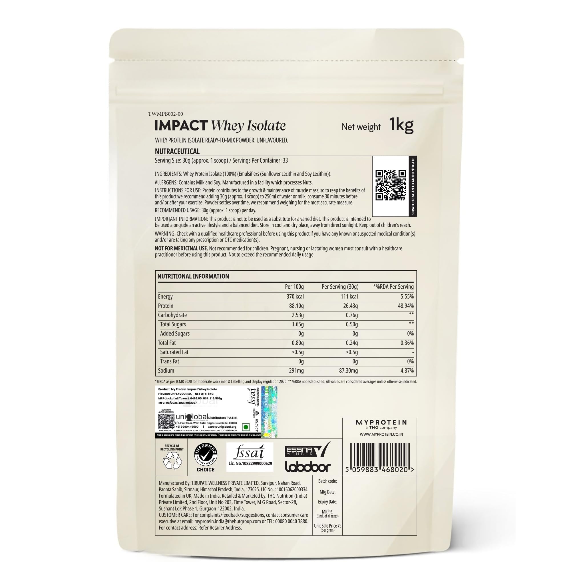 Myprotein Impact Whey Isolate (1 KG, Unflavoured)