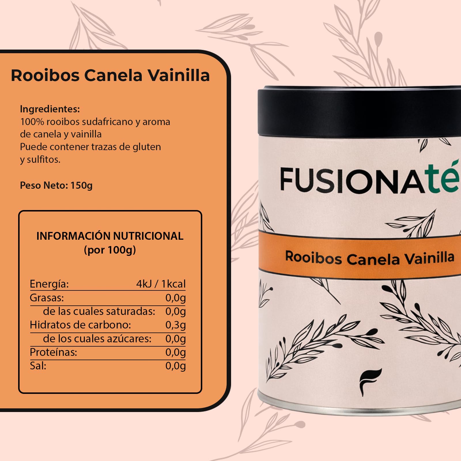 FUSIONATE Rooibos Canela y Vainilla 150g Infusión Sin Cafeína Premium