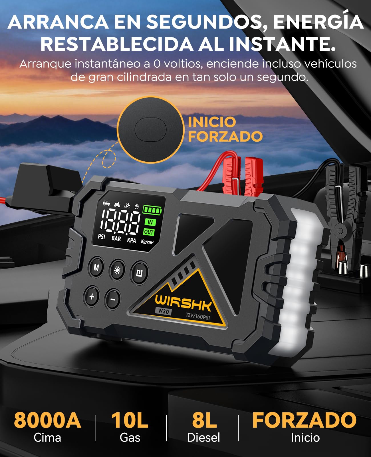 Arrancador de Coche 8000A con Compresor de Aire 160PSI, Booster 12V para All Gasolina y Diésel 10L,Pantalla LCD Multifunción con Visualización Precisa, Linterna LED de 600 LM | Arranque de Emergencia, Inflador Integrado, Portátil, Multifunción, Para Vehíc