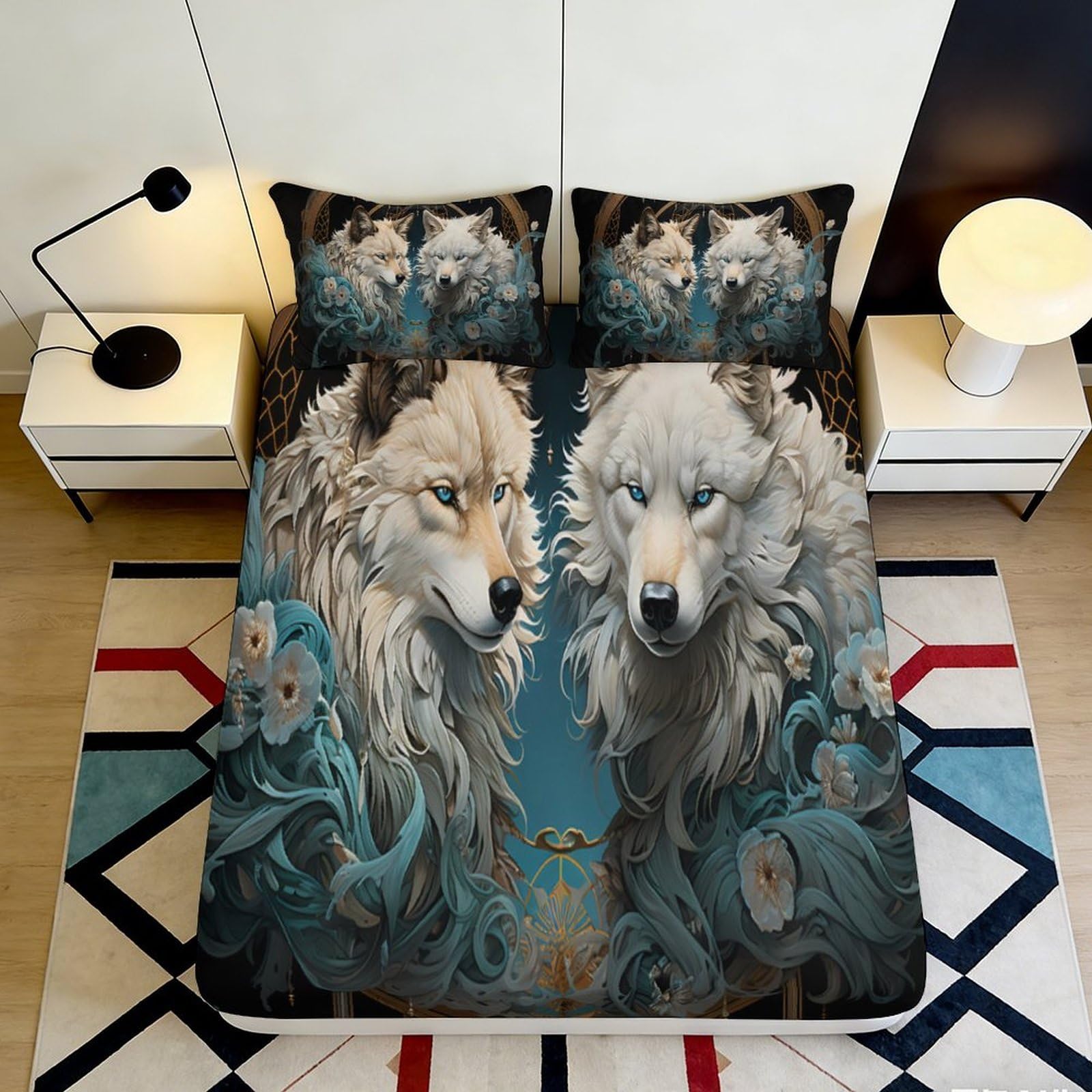 3D Printed Wolf Forest Fitted Sheet Microfiber Bedroom Decor Blue Floral Mattress Cover for Home Dorm 140x200x25cm