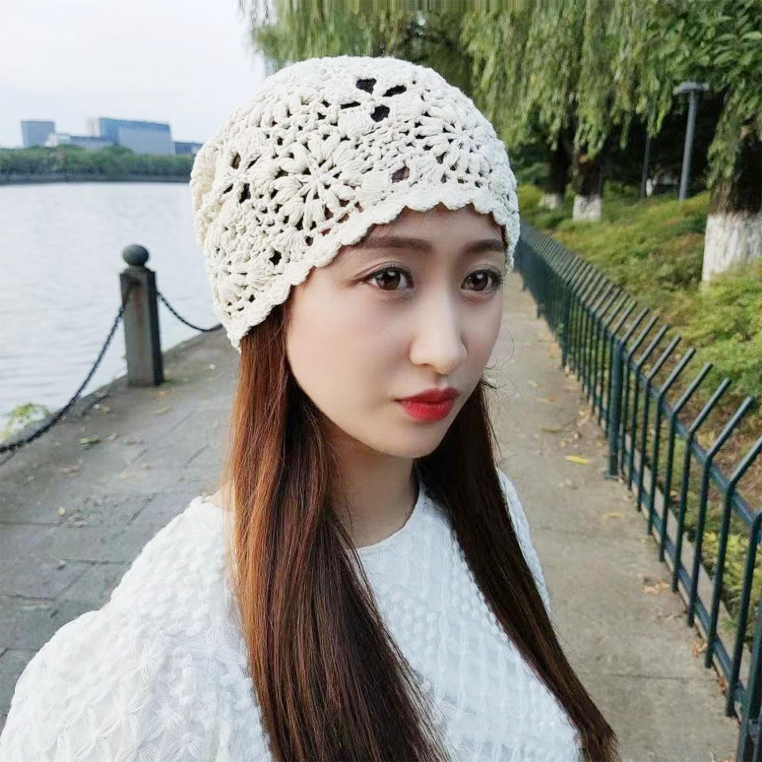 1 gorro de punto de algodón, gorro suelto de verano, gorro de algodón fino, gorro de ganchillo, puntera para mujer, adecuado para diferentes formas de cabeza y formas de cara (beige), beige,