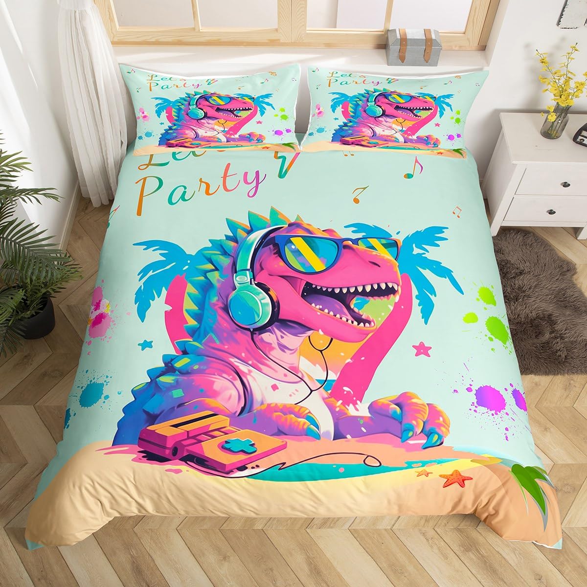 Homemissing Hippie Dino Duvet Cover Set Cot Size For Kids Teens Graffiti Anime Dinosaur Bedding Set Rock Dinosaur Duvet Cover with 1 Pillowcase Grunge Art Bedding — image 1