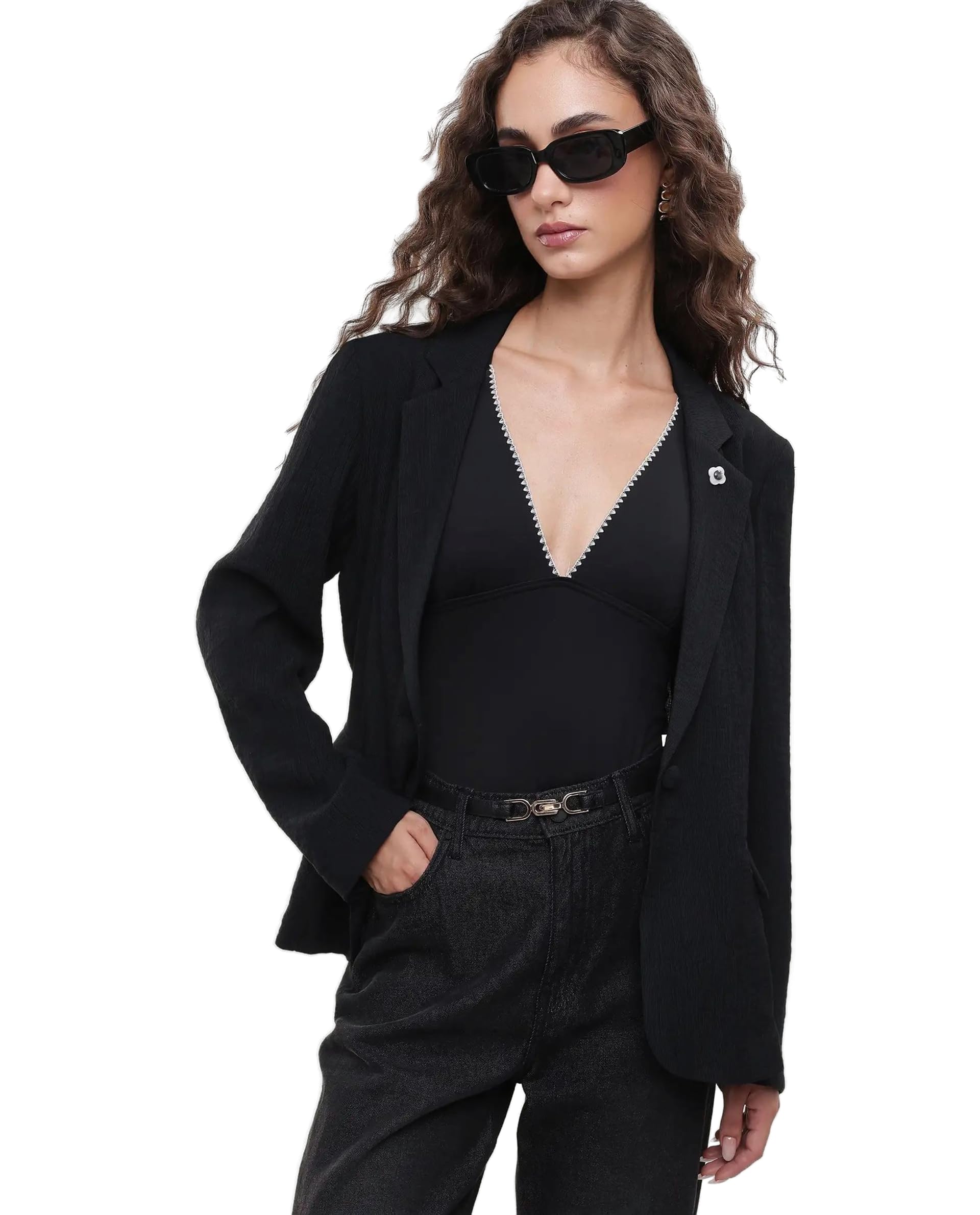 rareism Women Regular Solid Black Viscose Blend Notch Lapel Long Sleeve Blazer-picture-26