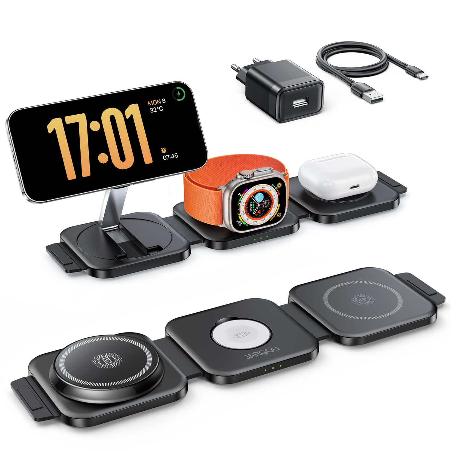 JARGOU 3 in 1 Mag-Safe Ladestation für Apple, Ladestation Apple Watch und iPhone, Faltbar Ladegerät für iPhone 17 Pro Max 16 15 14 13 12, Wireless Charger für Apple Watch Series, AirPods Pro 4 3 2