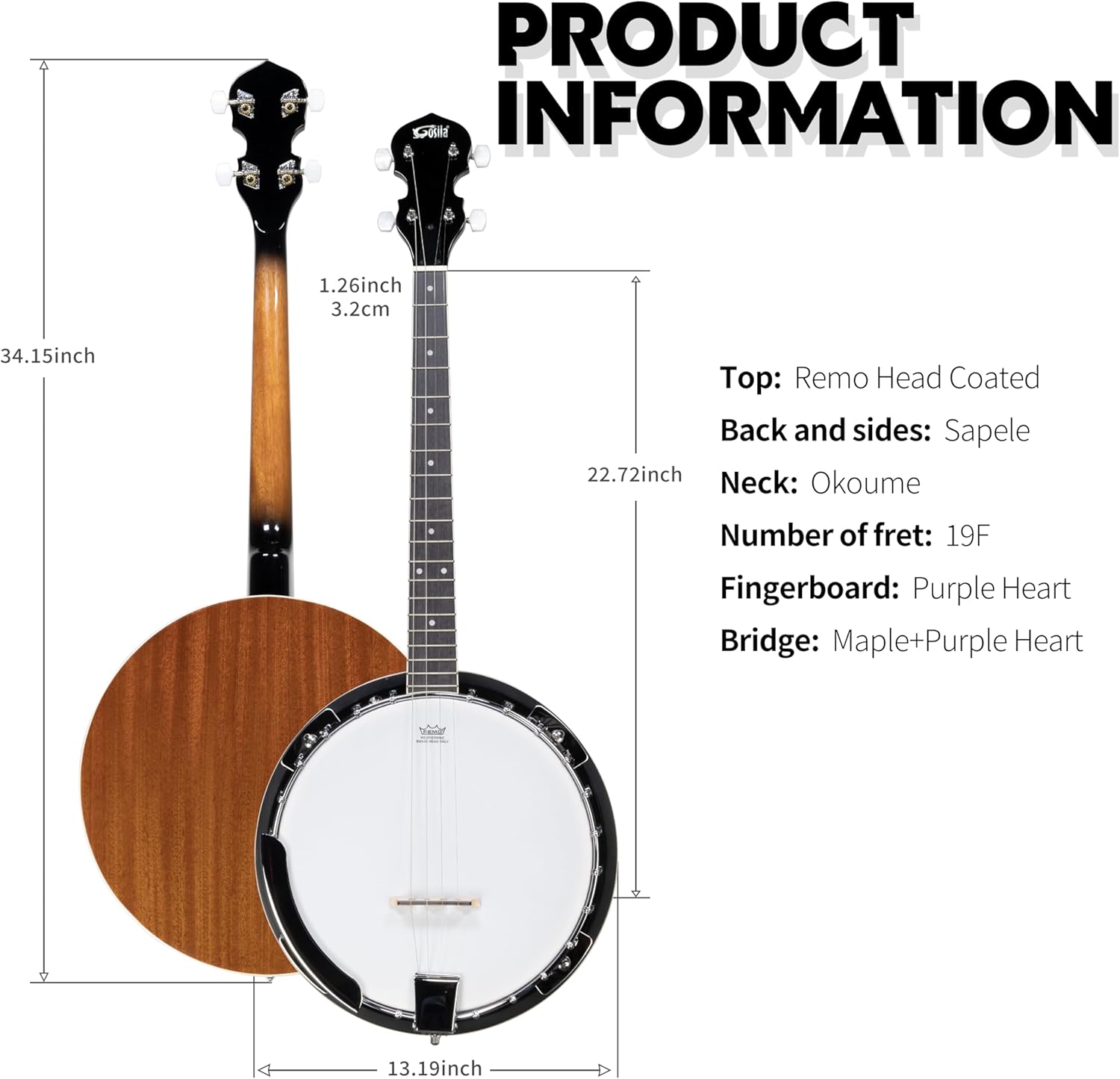 4 String Banjo Solid Back with beginner Kit Remo Head Coated Top Sapele Body Material Sapele Back Material Type Okoume Neck Material Type