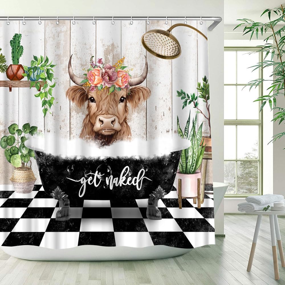 Funny Highland Cow Shower Curtain Fashion Bull Pink Floral Cute Bathtub Get Naked White Plaid Farmhouse Potted Wood Bathroom Decor Fabric Curtains with Hook 70Wx80H Inches