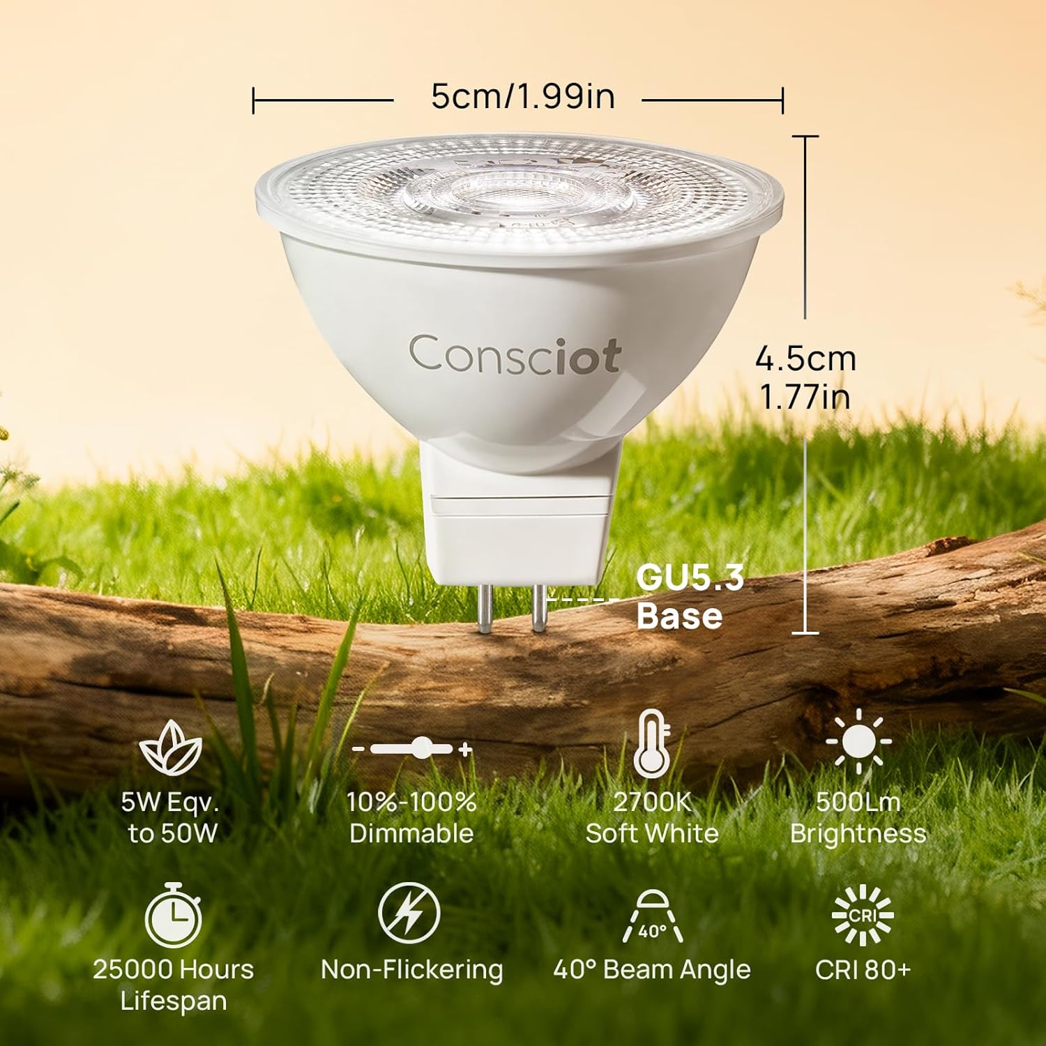 Consciot GU5.3 LED Bulb Dimmable, 5W (50W Equivalent), 2700K Soft White Light Bulb with 500lm 40° Beam Angle, 12V Low Voltage MR16 Bulb for Recessed Lighting, Spotlight, Landscape Lights, 12 Pack