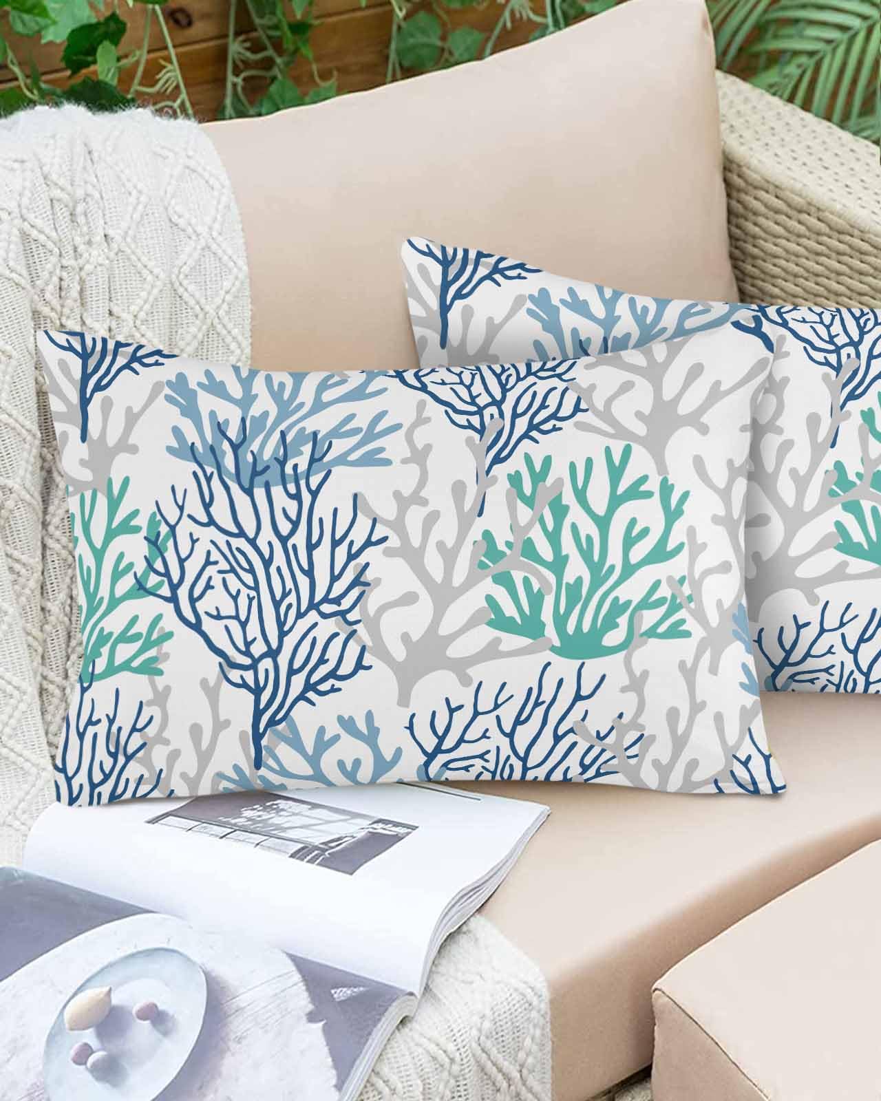 Boanket Lumbar Pillow Covers 12 x 20 in, Blue Teal Grey Coral Coastal Waterproof Throw Pillow Cover Set of 2, Summer Beach Nautical Home Decorative Rectangle Cushion Covers for Patio/Couch/Garden