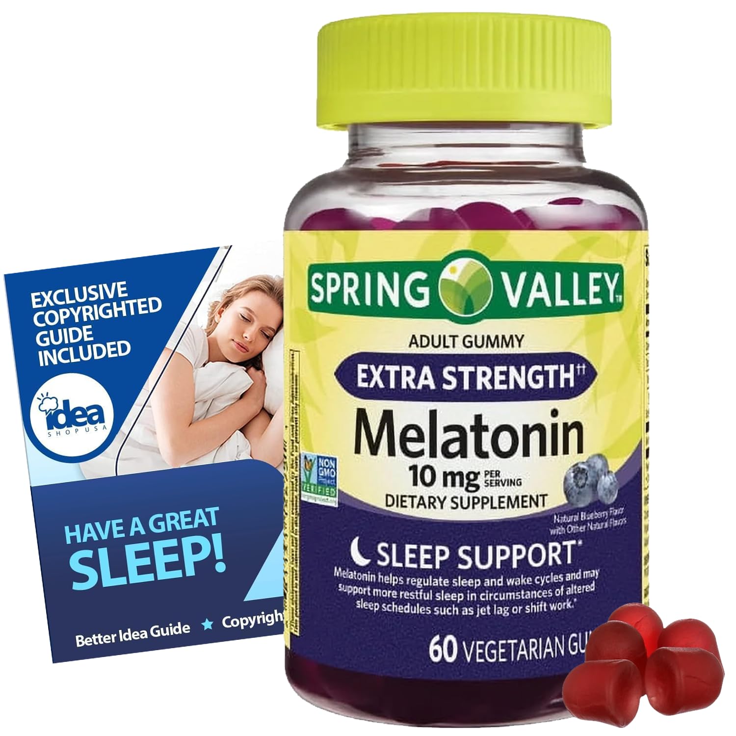Extra Strength Melatonin Gummies 10mg 60ct – Sleep Support Supplement – Non-GMO, Vegan, Blueberry Flavor, 60 Count – Bundle with Have a Great Sleep - Better Idea Guide