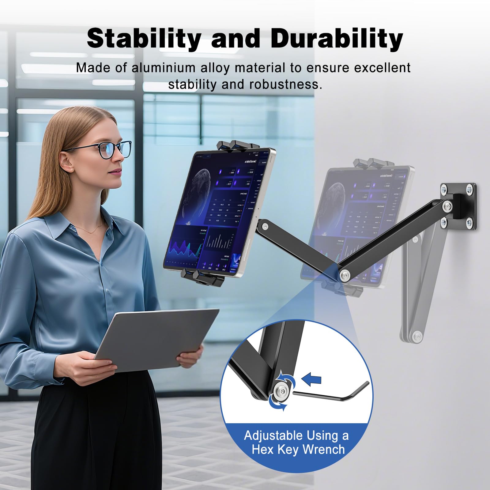 Supporto da Parete per Tablet in Alluminio con Rotazione 360°, Staffa Muro iPad Compatibile 4-13,5 Pollici