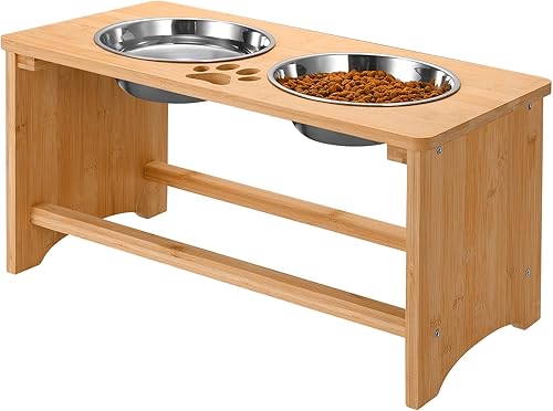 Soporte elevado de bambú para perros, comedero elevado antideslizante para perros con 2 cuencos de acero inoxidable para alimentos y agua, 10