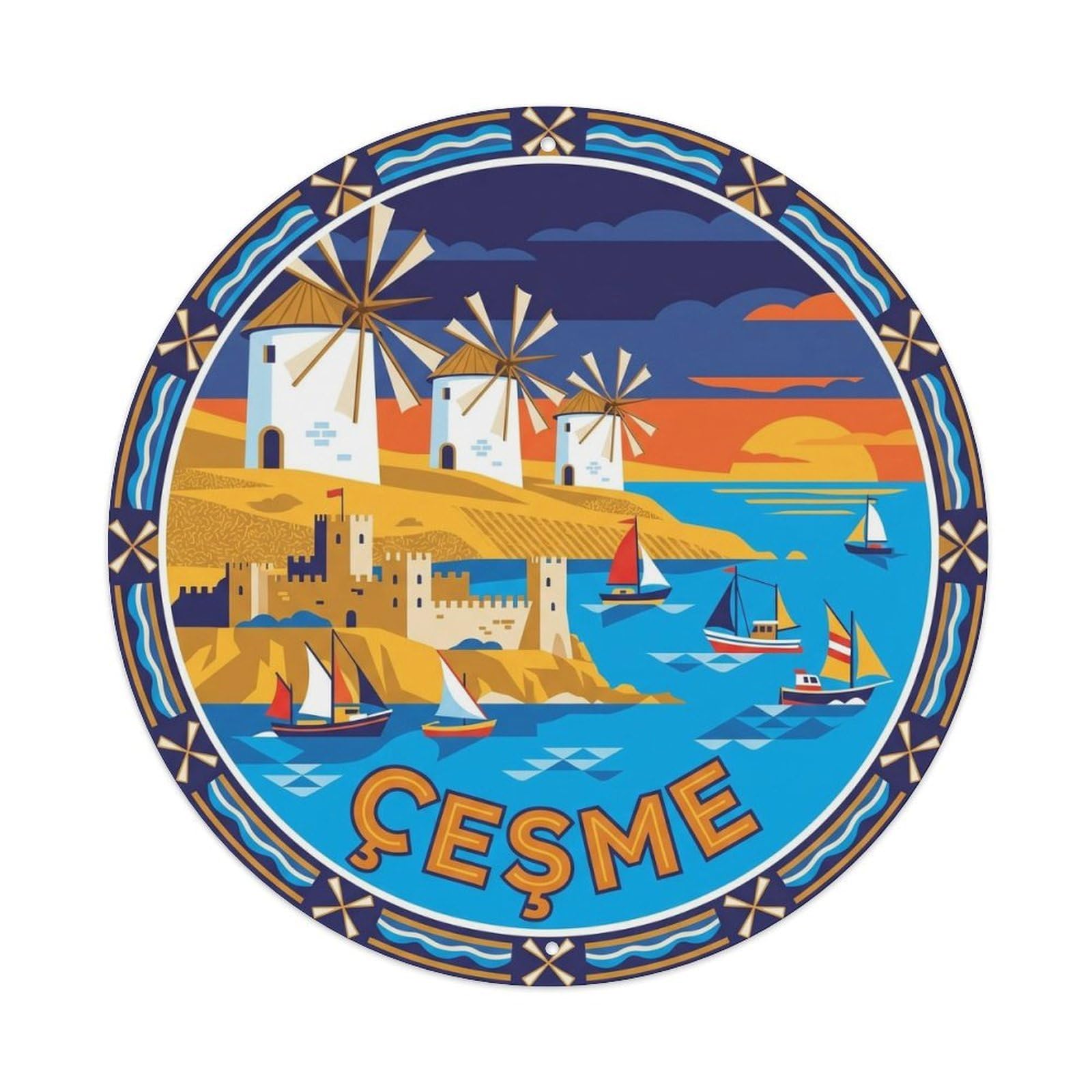 Turkey Cesme Aegean Windmills Whitewashed Village Metal Tin Sign