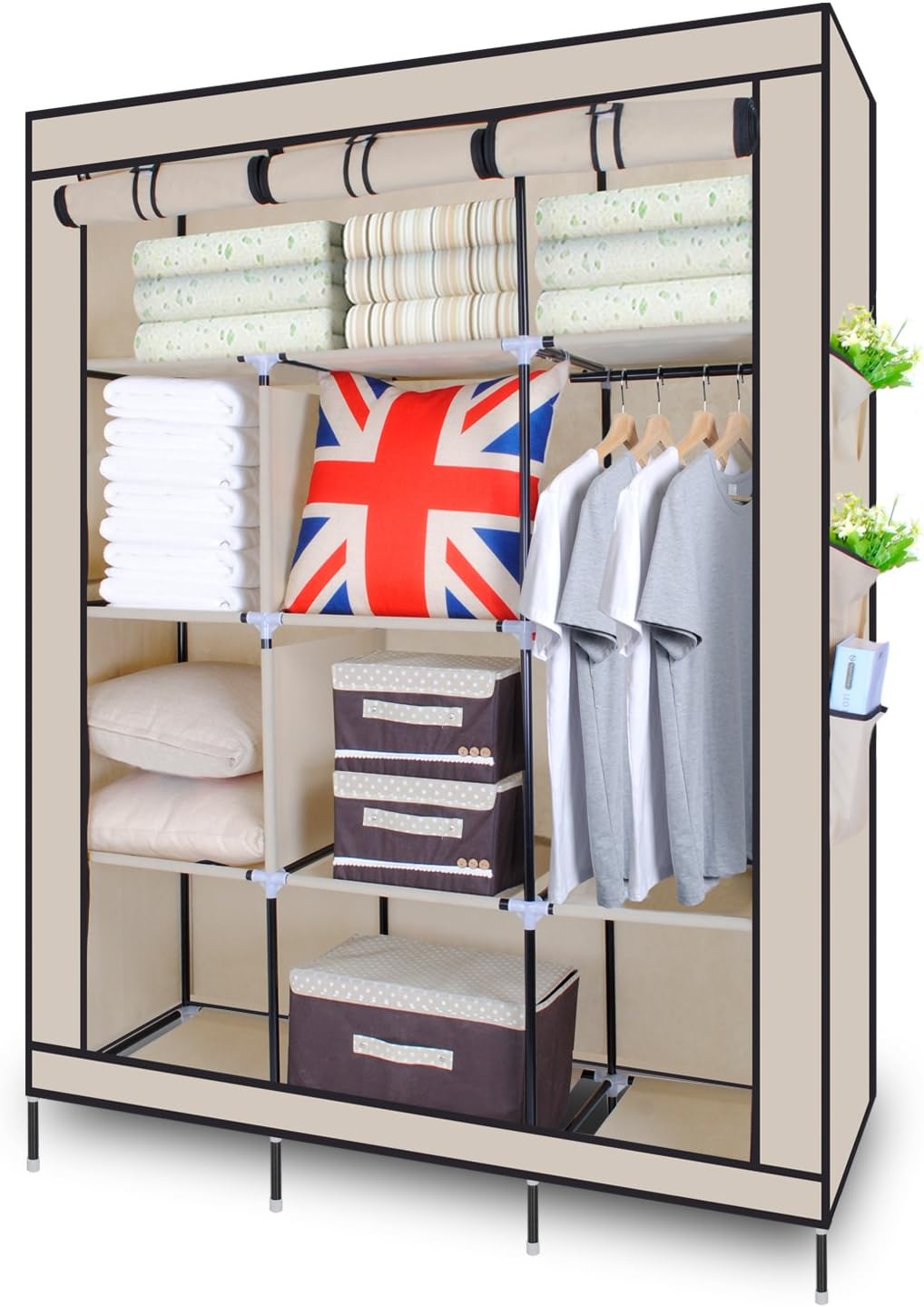 Canvas Wardrobe, HST Mall Triple Canvas Clothes Cupboard Hanging Rail Shelves Bedroom Storage Furniture 172 x 125 x 42 cm Beige