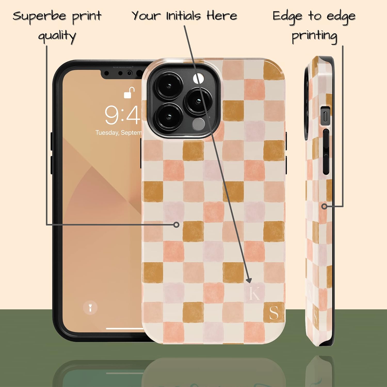 Custom Initials Retro Checkerboard Watercolor Personalized Name Case, Compatible with iPhone 17 Air, 16 Pro Max, 15 Plus, 14, 13 Mini, 12, 11, X/XS Max, XR, 7/8