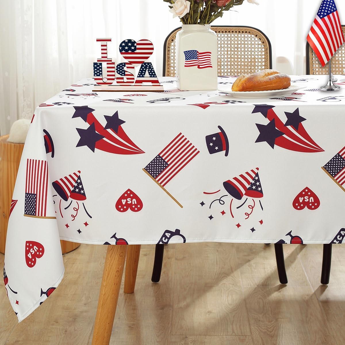 SASTYBALE 4th of July Tablecloth for Rectangle Tables, USA Patriotic Table Cloth Spill Proof, Blue and White Polyester Table Cover for Independence Day Memorial Day Decoration (Rectangle, 60" x 120") Usa Rectangle, 60" x 120" (10-12 Seats)