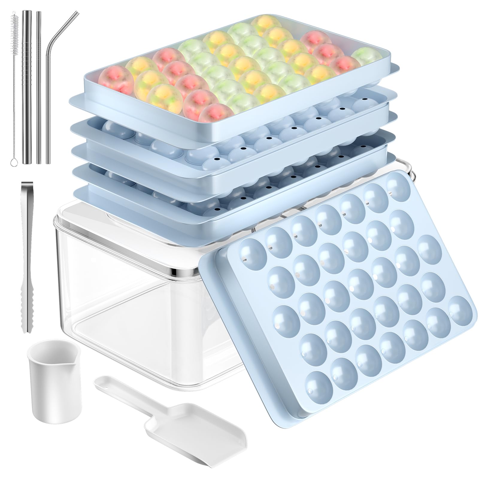 Ice Cube Tray, EMYIE Round Ice Trays for Freezer with Lid and Bin, Ice Ball Maker Making 99 x 1.0IN Ice Balls,3 pack Circle Ice Trays with Tong, Scoop, Measuring Cup&3 Straws (Blue)